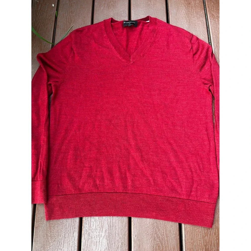 Banana Republic Mens Silk Cotton Cashmere V-Neck Sweater Red Heather Knit Large